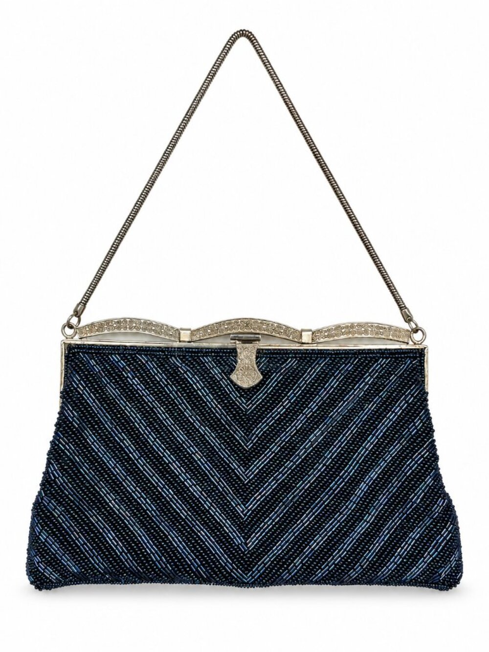 Vintage Navy Iridescent Beaded Evening Bag Silver Filigree Frame Purse